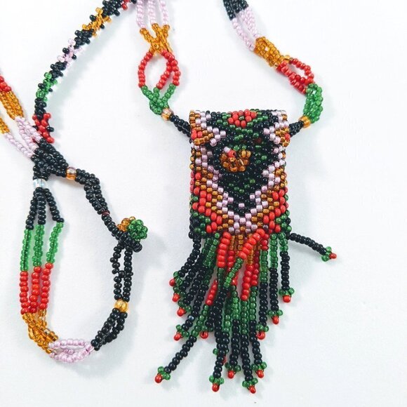 Handmade Seed Beads Fringe Pouch Necklace - Picture 1 of 13